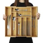 Bamboo Drawer Organizer Expandable Adjustable 9-Compartment Silverware Tray Cutlery Utensil Holder for Kitchen Drawer Office Desk Bedroom Eco-Friendly Bamboo Storage Divider Organizer