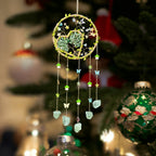 Boho Crystal Wall Hanging Decor – Handmade Stone Bead Wind Chime with Colorful Gemstone Heart & Circular Crystal Pendant for Bedroom Living Room Christmas Mother's Day Thanksgiving Gift (Purple/Pink/Green)