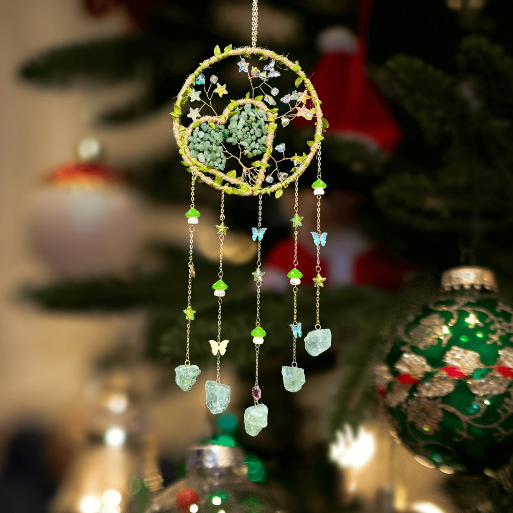 Boho Crystal Wall Hanging Decor – Handmade Stone Bead Wind Chime with Colorful Gemstone Heart & Circular Crystal Pendant for Bedroom Living Room Christmas Mother's Day Thanksgiving Gift (Purple/Pink/Green)