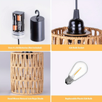 Battery Operated Pendant Light Rattan Boho Chandelier Hanging Light Warm White Bulb Wireless No-Wiring for Gazebo Pergola Porch Patio Outdoor Indoor Decor Set of 2