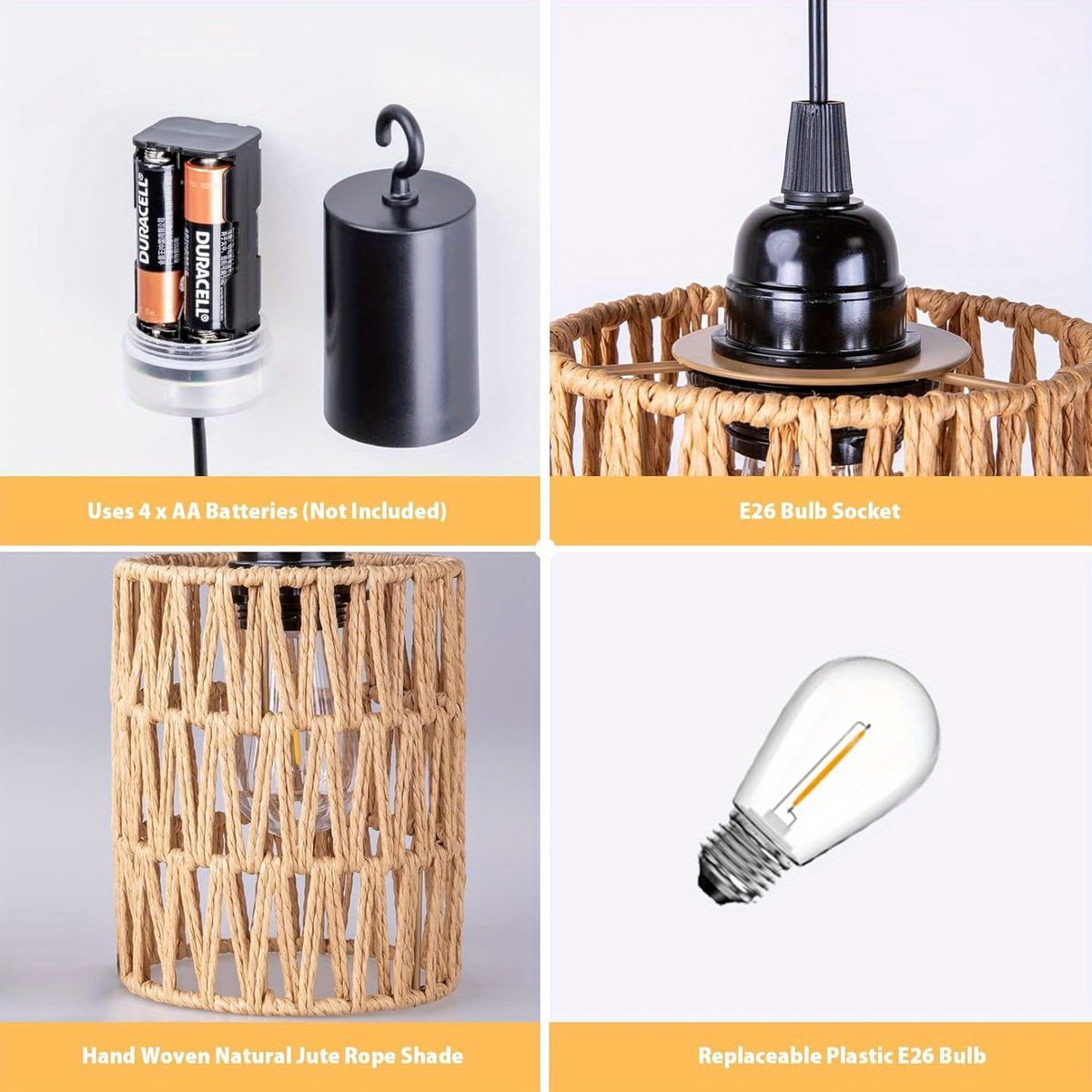 Battery Operated Pendant Light Rattan Boho Chandelier Hanging Light Warm White Bulb Wireless No-Wiring for Gazebo Pergola Porch Patio Outdoor Indoor Decor Set of 2