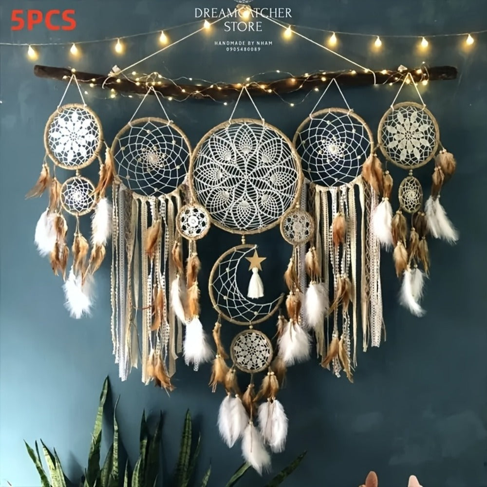 Dream Catcher Wall Decor 5 Pack Large Handmade Boho Dream Catchers Moon Sun Wall Hanging for Entryways, Bedrooms and Living Spaces