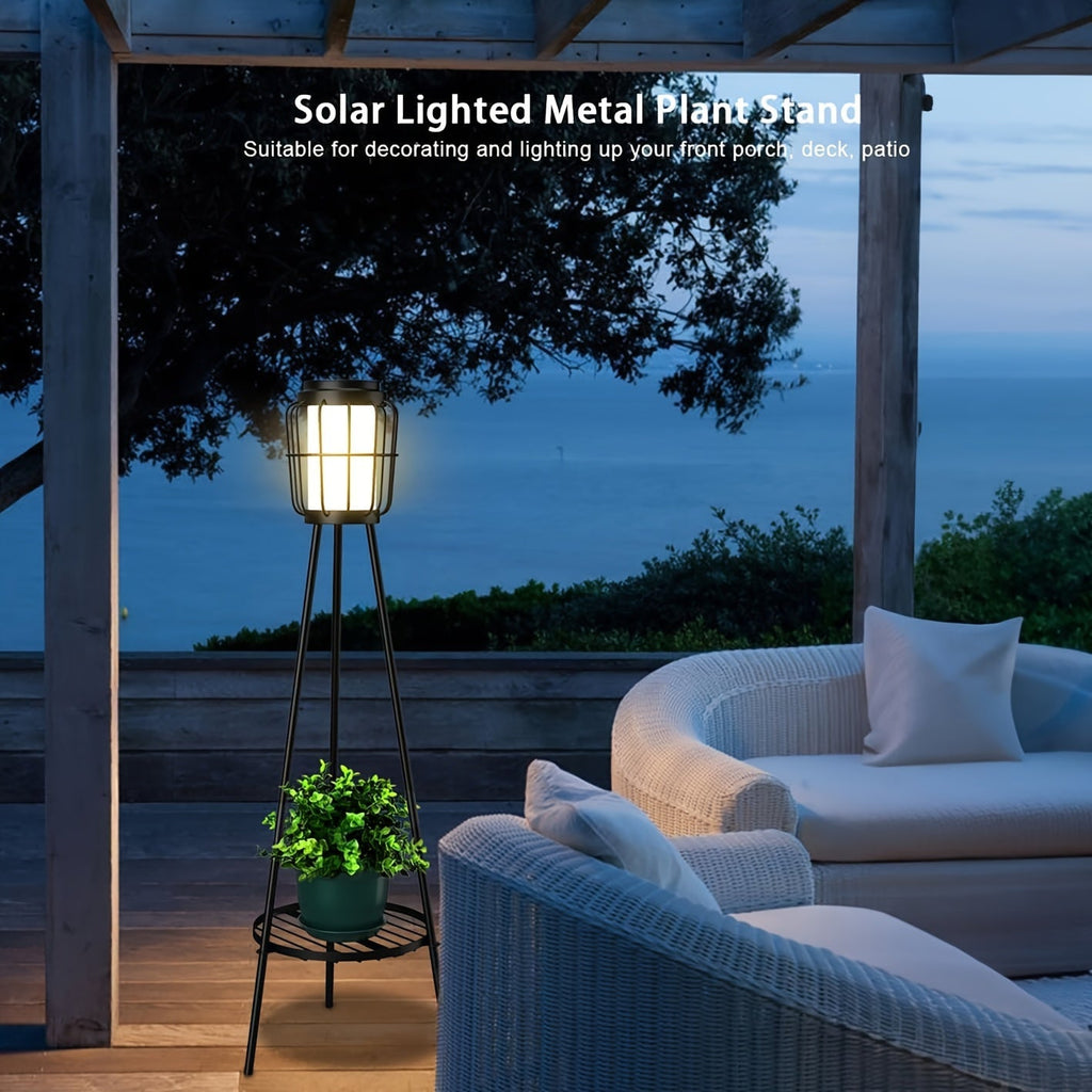 Solar Floor Lamp with Metal Plant Stand 36 Inch Outdoor Solar Light Flower Shelf for Patio Deck Yard Garden Outdoor Decor Gift Set of 2