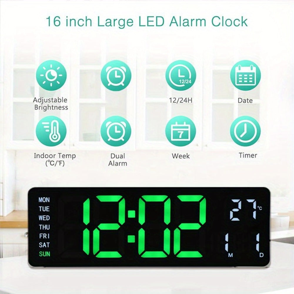 Large Digital Wall Clock 16 Inch LED Color Display, Smart Auto-Dimming 10-Level Brightness, Time Temperature Humidity Monitor
