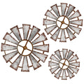 Wood Windmill Wall Decor, Three-Piece Set with Distressed White-and-Brown Finish in Graduated Sizes