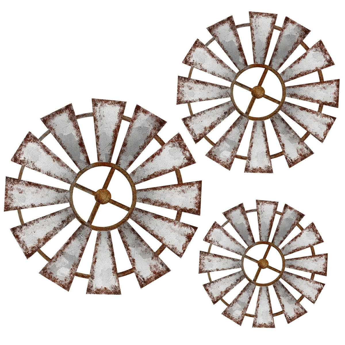 Wood Windmill Wall Decor, Three-Piece Set with Distressed White-and-Brown Finish in Graduated Sizes