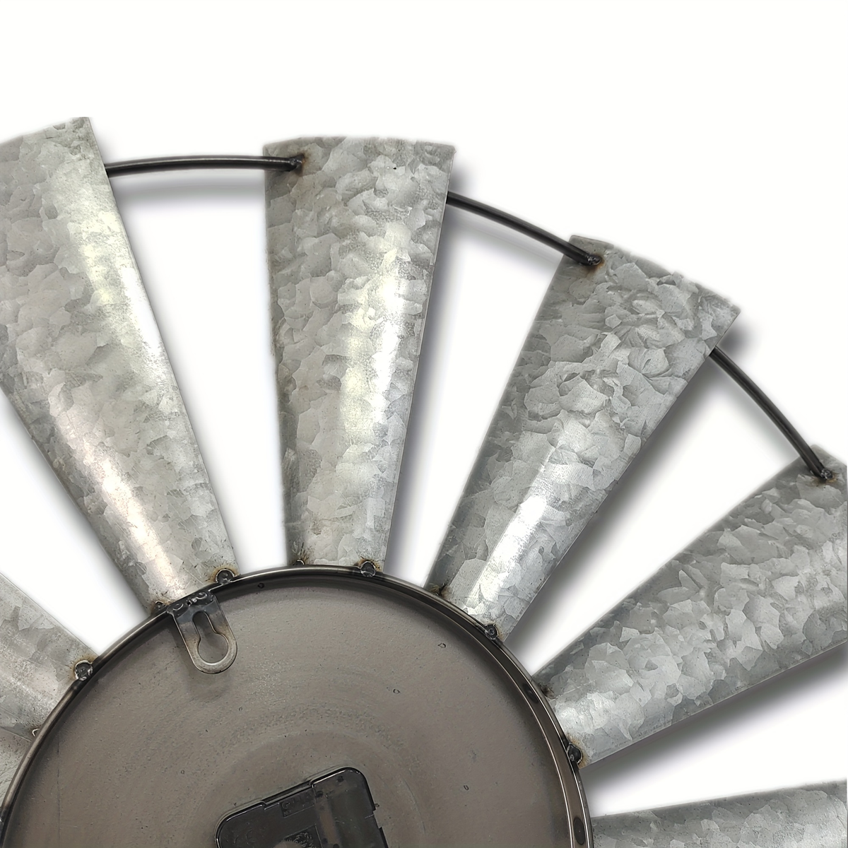 24-Inch Windmill-Style Metal Wall Clock with Galvanized-Look Silver Blades and Brown Analog Center