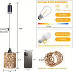 Battery Operated Pendant Light Rattan Boho Chandelier Hanging Light Warm White Bulb Wireless No-Wiring for Gazebo Pergola Porch Patio Outdoor Indoor Decor Set of 2