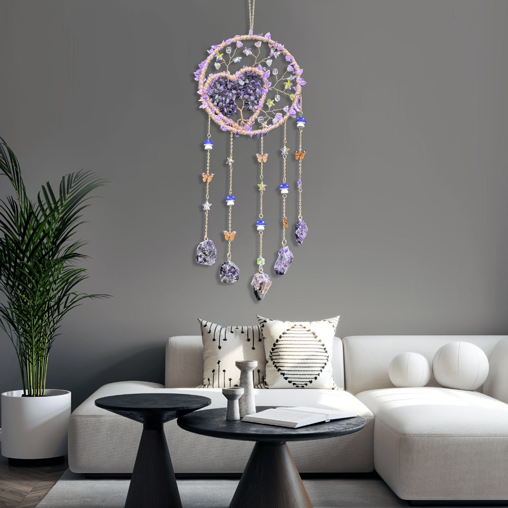 Boho Crystal Wall Hanging Decor – Handmade Stone Bead Wind Chime with Colorful Gemstone Heart & Circular Crystal Pendant for Bedroom Living Room Christmas Mother's Day Thanksgiving Gift (Purple/Pink/Green)