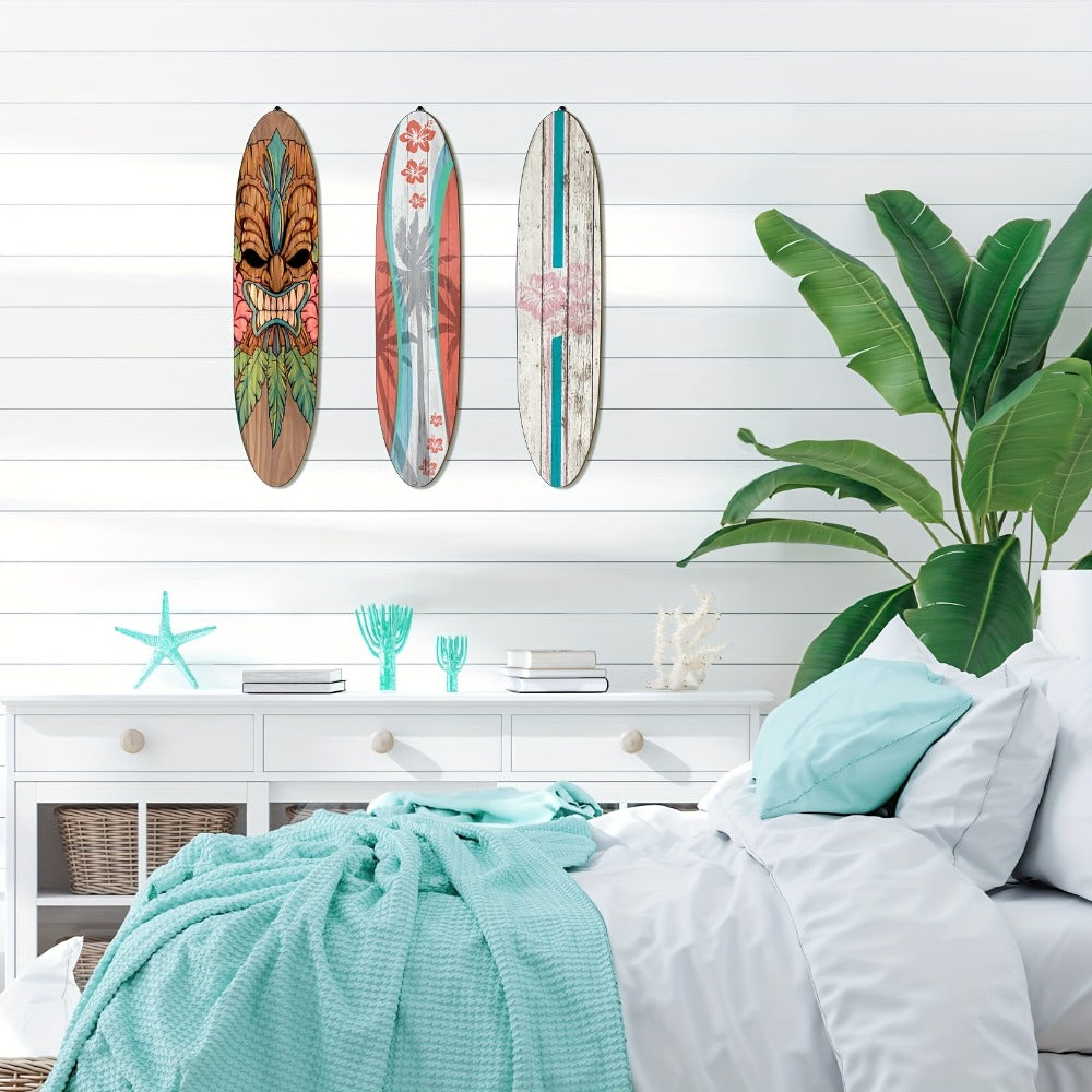Wooden Surfboard Wall Art 15.74", Rustic Tropical Beach Decor with Hibiscus & Tiki Mask Design