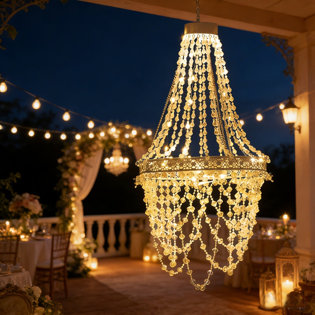 Solar Outdoor Lights 54-LED Hanging Crystal Chandelier in 6-Tier, Oval or Round Style for Gazebo Decor