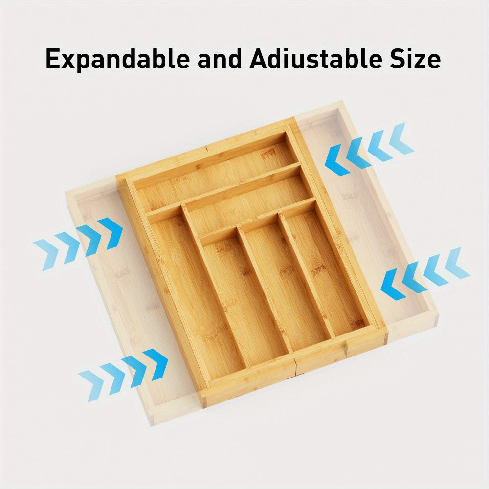 Expandable Bamboo Drawer Organizer with 6–8 Compartments, Sliding Sides and Natural Wood Finish