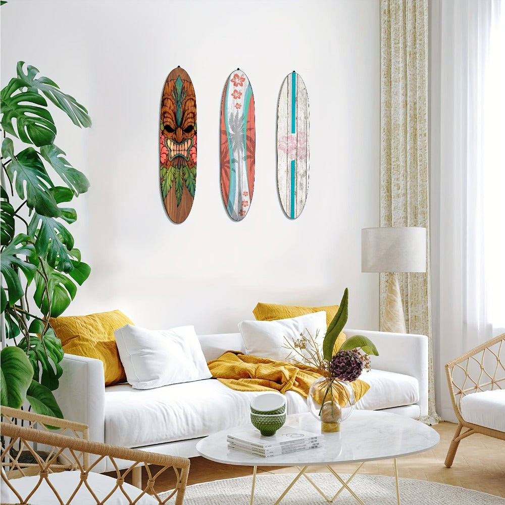 Wooden Surfboard Wall Art 15.74", Rustic Tropical Beach Decor with Hibiscus & Tiki Mask Design