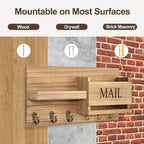 Wall Mounted Storage Rack with Mail Slot – Rustic Wood Floating Shelf with Hooks for Keys, Hats & Envelopes, Decorative Organizer for Entryway, Porch, Bedroom, Bathroom & Living Room