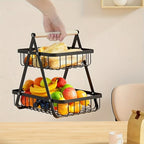 Freestanding Tiered Metal Wire Storage Basket with Wood-Tone Top Handle in Two- or Three-Tier Options