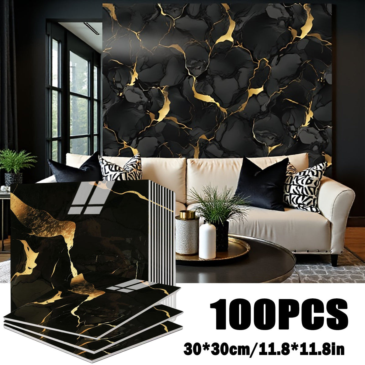 Marble Gold-Vein Wall Tile Sticker Set with 30 cm Panels, Four Colors and 50- or 100-Piece Packs