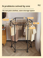 Rotating Hexagonal Garment Rack with Six-Sided Hanging Frame, Casters and Black or White Mesh-Bag Options