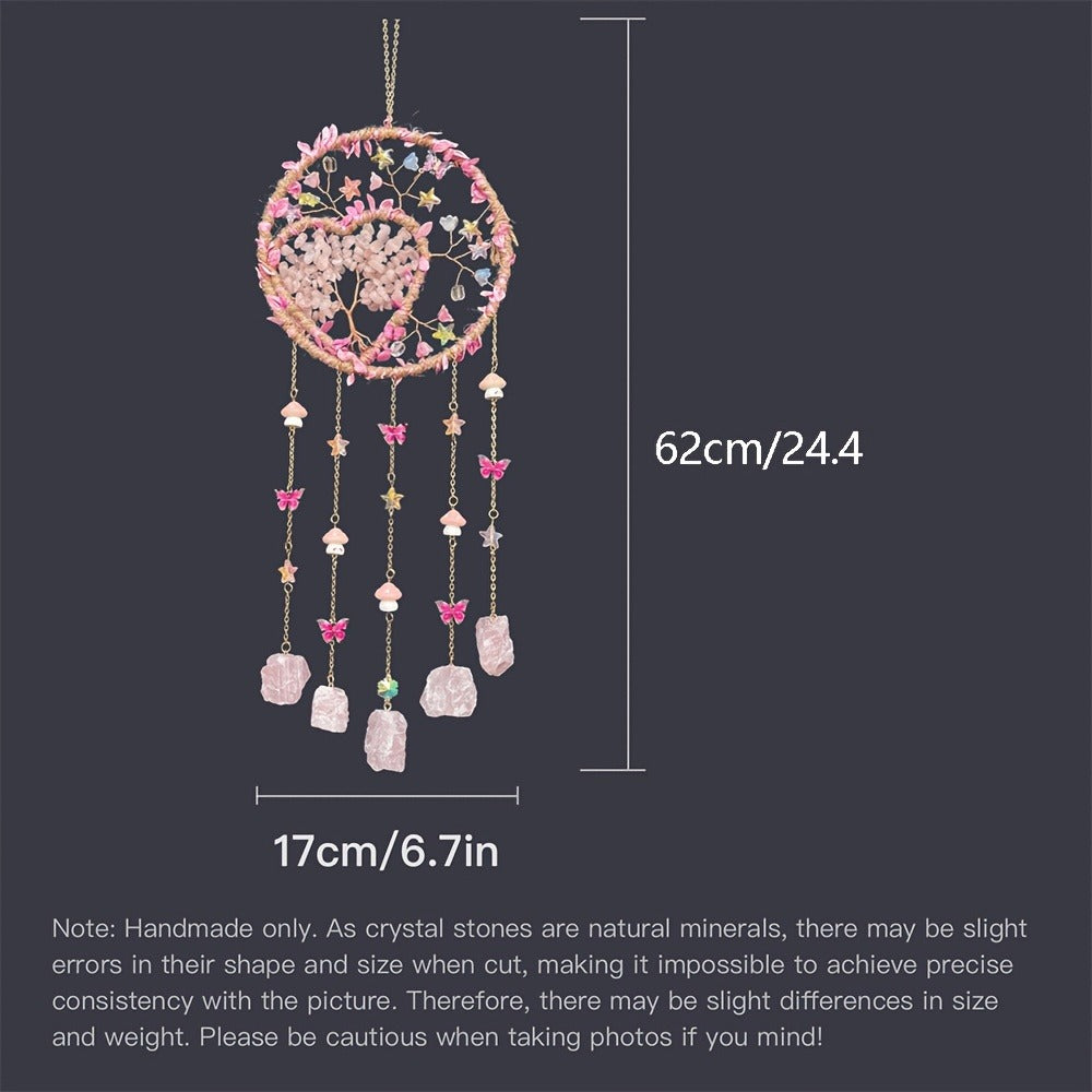 Boho Crystal Wall Hanging Decor – Handmade Stone Bead Wind Chime with Colorful Gemstone Heart & Circular Crystal Pendant for Bedroom Living Room Christmas Mother's Day Thanksgiving Gift (Purple/Pink/Green)