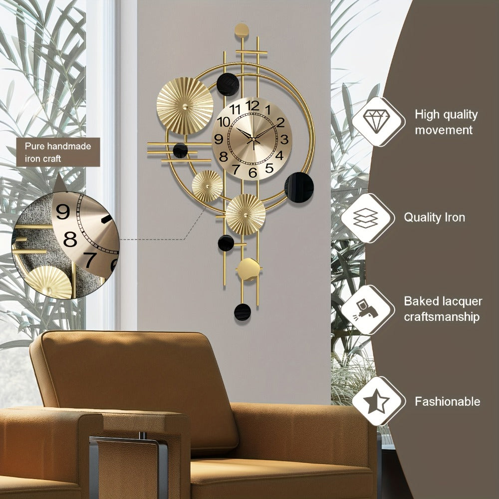 Golden Metal Art Wall Clock with Asymmetrical Circular Accents, Analog Dial and 30.7 x 17.7-Inch Size