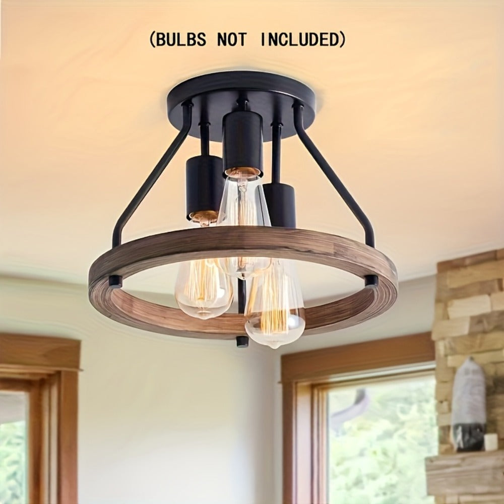 Farmhouse Semi Flush Ceiling Light 3-Bulb Wood & Metal - Rustic Industrial Ceiling Lamp for Home Cooking, Dining and Outdoor Meals