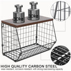 Wall-Mounted Fruit Basket with Wooden Cover - 2-Tier Metal Kitchen Storage Basket with Hooks, Stackable Hanging Organizer for Potatoes Onions Vegetables