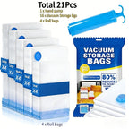 Vacuum Storage Bags with Air Pump, 20-21 Pack Reusable Compression Bags for Clothes, Quilts & Blankets