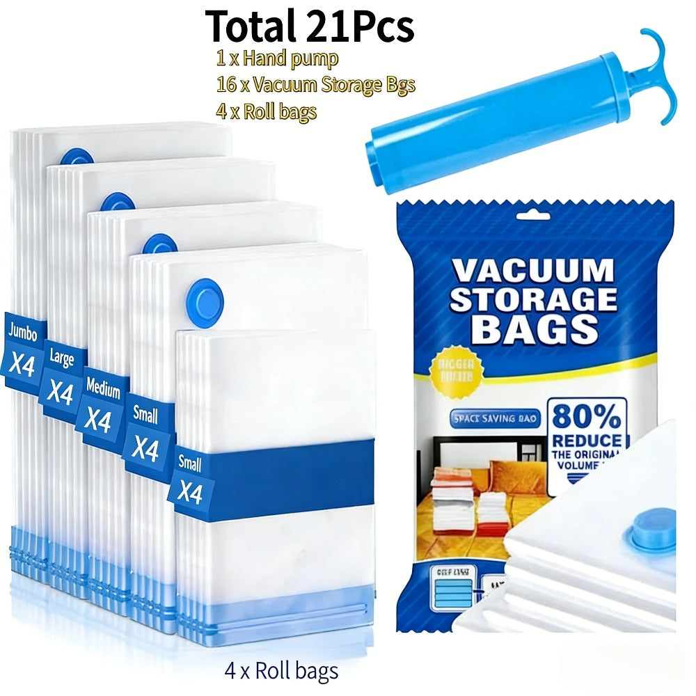 Vacuum Storage Bags with Air Pump, 20-21 Pack Reusable Compression Bags for Clothes, Quilts & Blankets