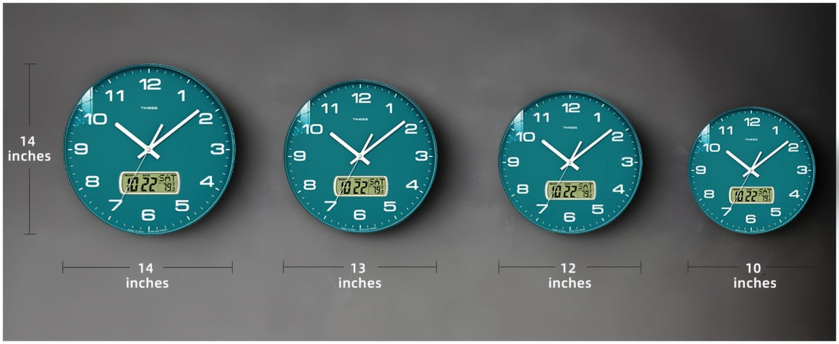 Round Analog Wall Clock with LCD Calendar and Temperature Window, Four Colors and 10- or 12-Inch Sizes