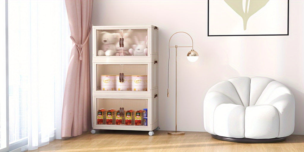 Storage Cabinet 49cm Foldable Rolling Organizer with Translucent Doors and Two to Five Layers