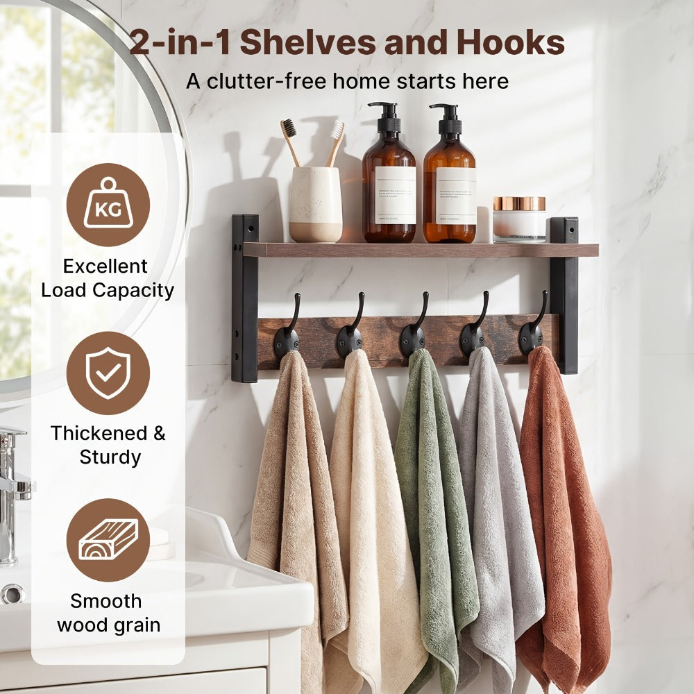 Vintage Wall-Mounted Shelf and Key Rack with Five Hooks, 17.1-Inch Width and Brown Board Finish