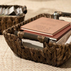 Water Hyacinth Woven Storage Baskets 2-Pack with Wooden Handles in Natural Seagrass Options