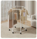 Rotating Hexagonal Garment Rack with Six-Sided Hanging Frame, Casters and Black or White Mesh-Bag Options