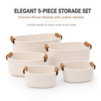 Cotton Rope Storage Baskets Set of 5 with Leather Handles in Four Color Options for Home Organization