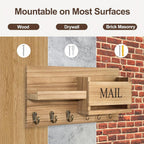 Wall Mounted Storage Rack with Mail Slot – Rustic Wood Floating Shelf with Hooks for Keys, Hats & Envelopes, Decorative Organizer for Entryway, Porch, Bedroom, Bathroom & Living Room