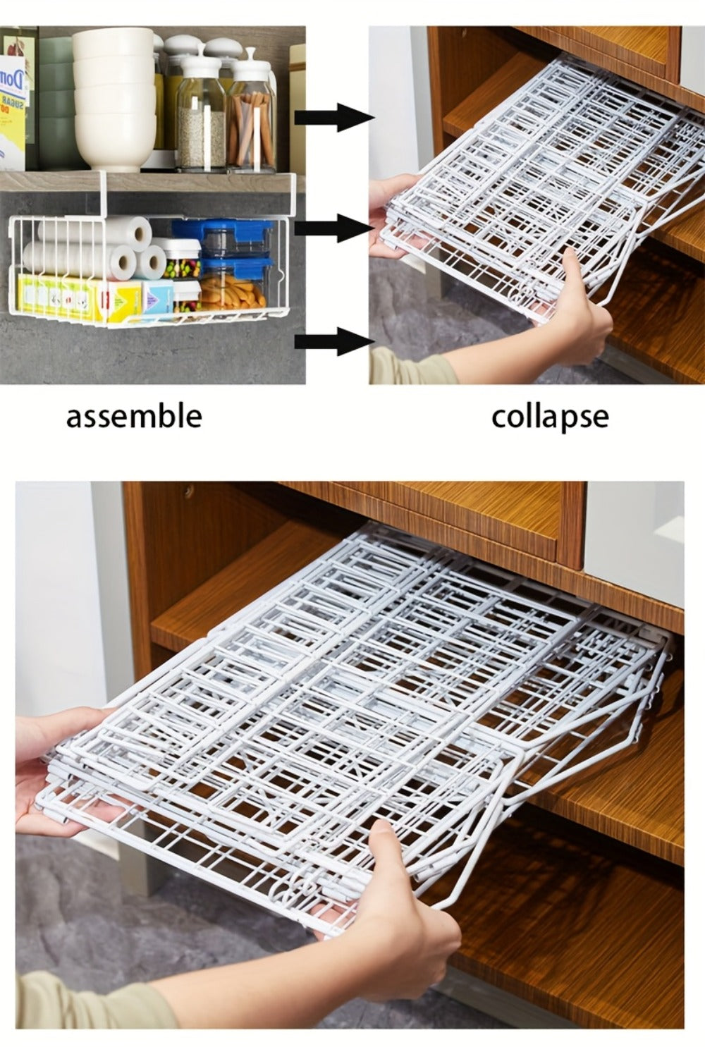 Wall Mount Foldable Storage Basket - Metal Organizer, Collapsible Space Saving for Kitchen Cabinet