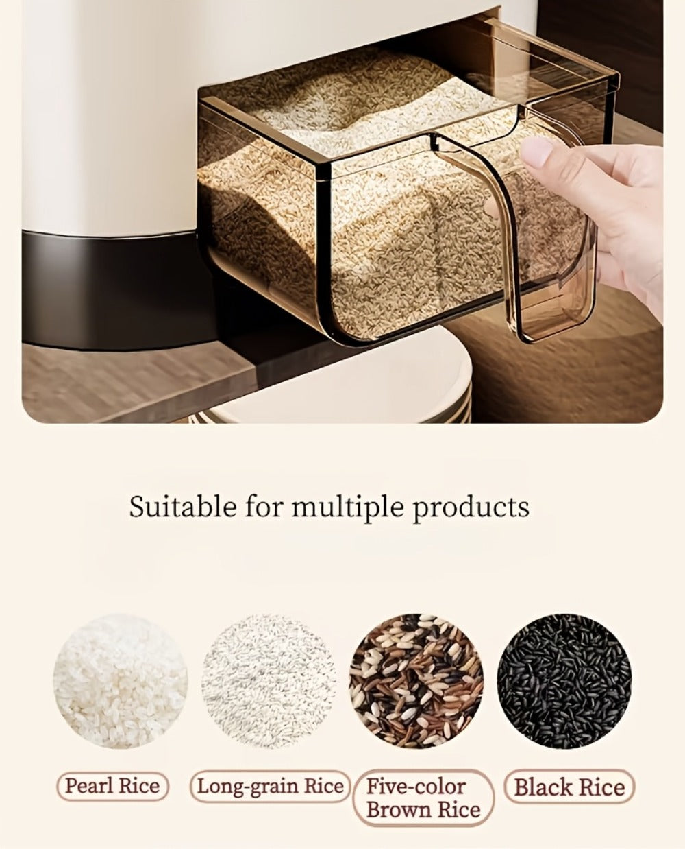 Airtight Rice Container with Measuring Cup, Large Moisture-Proof Rice Dispenser for Rice, Grains
