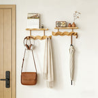 Coat Rack Wall Mounted Wood-and-Metal Organizer with Upper Shelf and 4 or 8 Hooks for Entryway Storage