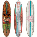 Wooden Surfboard Wall Art 15.74", Rustic Tropical Beach Decor with Hibiscus & Tiki Mask Design