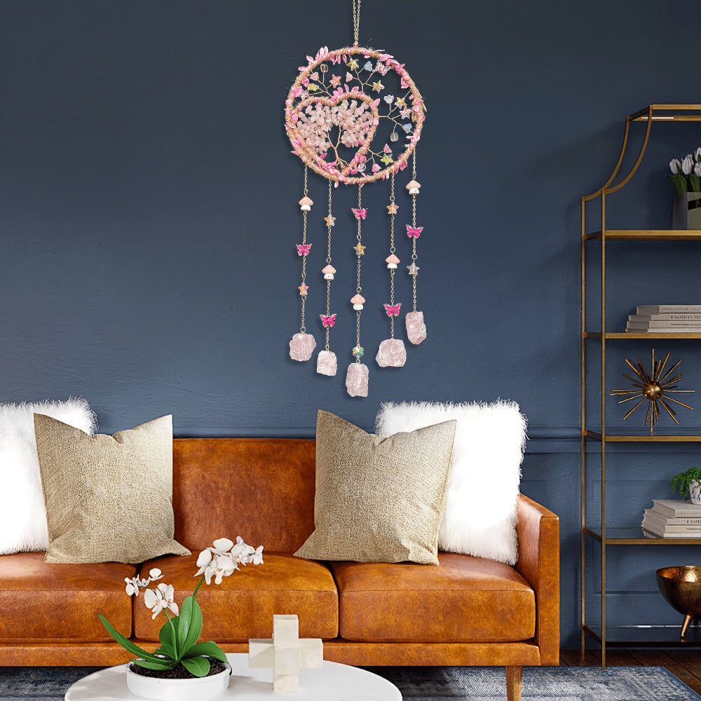 Boho Crystal Wall Hanging Decor – Handmade Stone Bead Wind Chime with Colorful Gemstone Heart & Circular Crystal Pendant for Bedroom Living Room Christmas Mother's Day Thanksgiving Gift (Purple/Pink/Green)