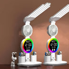 LED Desk Lamp with Built-in Fan & Touch Control, Dual Head Adjustable, USB Charging, 3 Color Modes Dimmable