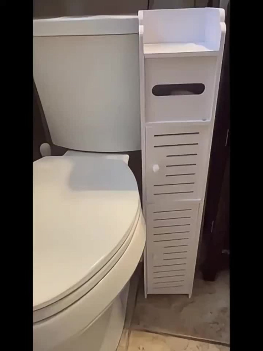 Slim White Bathroom Storage Cabinet with Two-Section PVC Frame, Open Top Shelf and Toilet Paper Storage