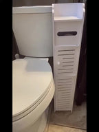 Slim White Bathroom Storage Cabinet with Two-Section PVC Frame, Open Top Shelf and Toilet Paper Storage