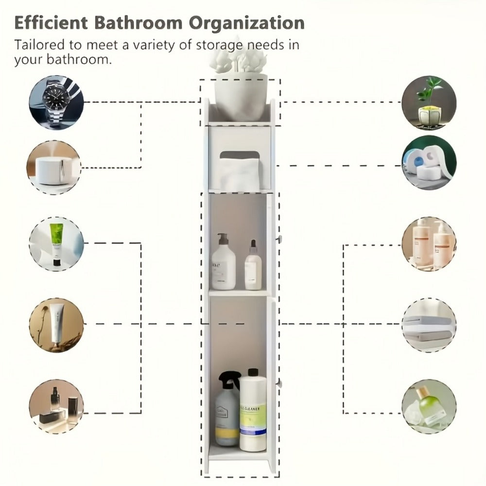 Slim White Bathroom Storage Cabinet with Two-Section PVC Frame, Open Top Shelf and Toilet Paper Storage