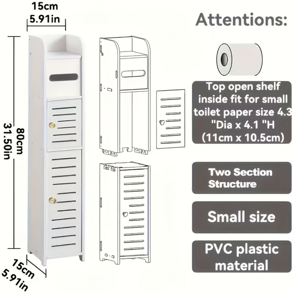 Slim White Bathroom Storage Cabinet with Two-Section PVC Frame, Open Top Shelf and Toilet Paper Storage