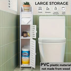 Slim White Bathroom Storage Cabinet with Two-Section PVC Frame, Open Top Shelf and Toilet Paper Storage