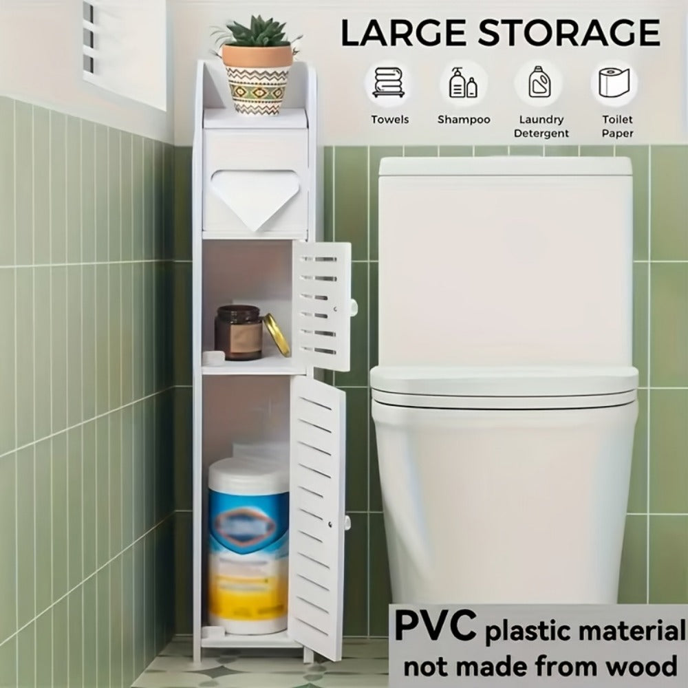 Slim White Bathroom Storage Cabinet with Two-Section PVC Frame, Open Top Shelf and Toilet Paper Storage
