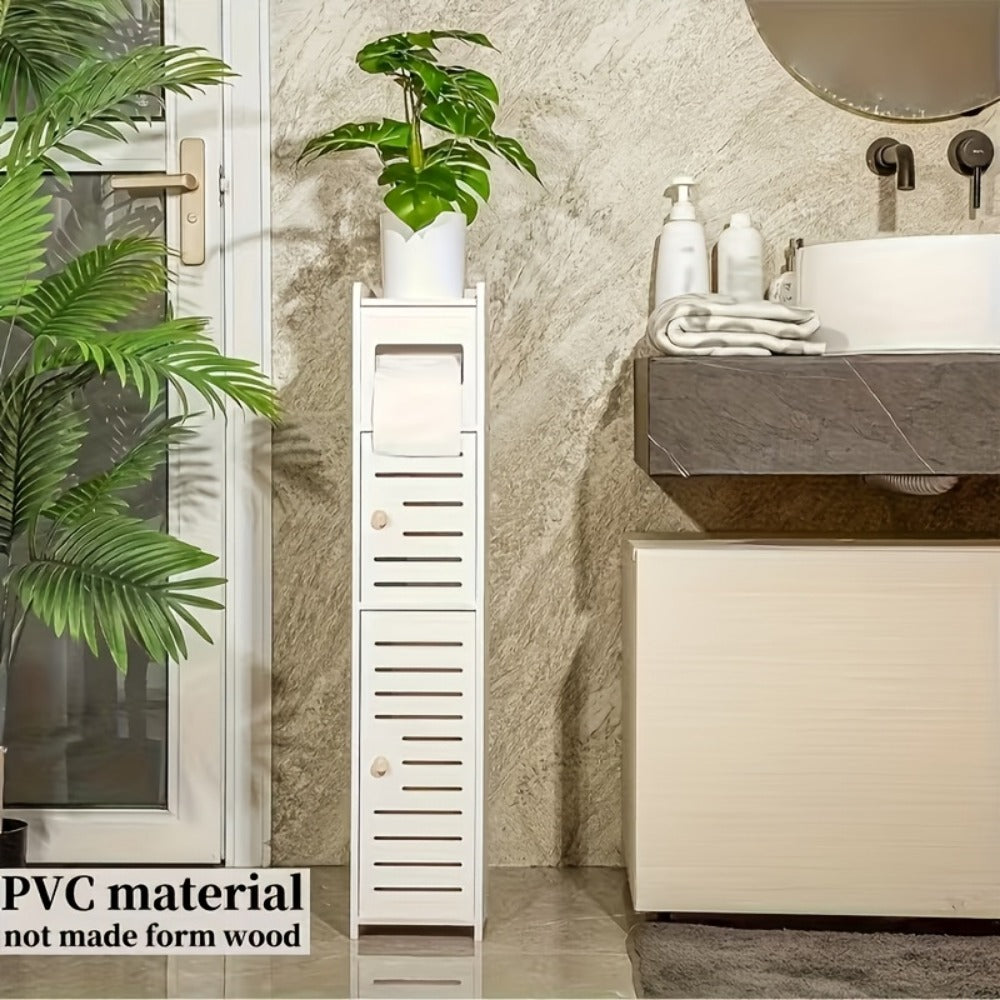 Slim White Bathroom Storage Cabinet with Two-Section PVC Frame, Open Top Shelf and Toilet Paper Storage