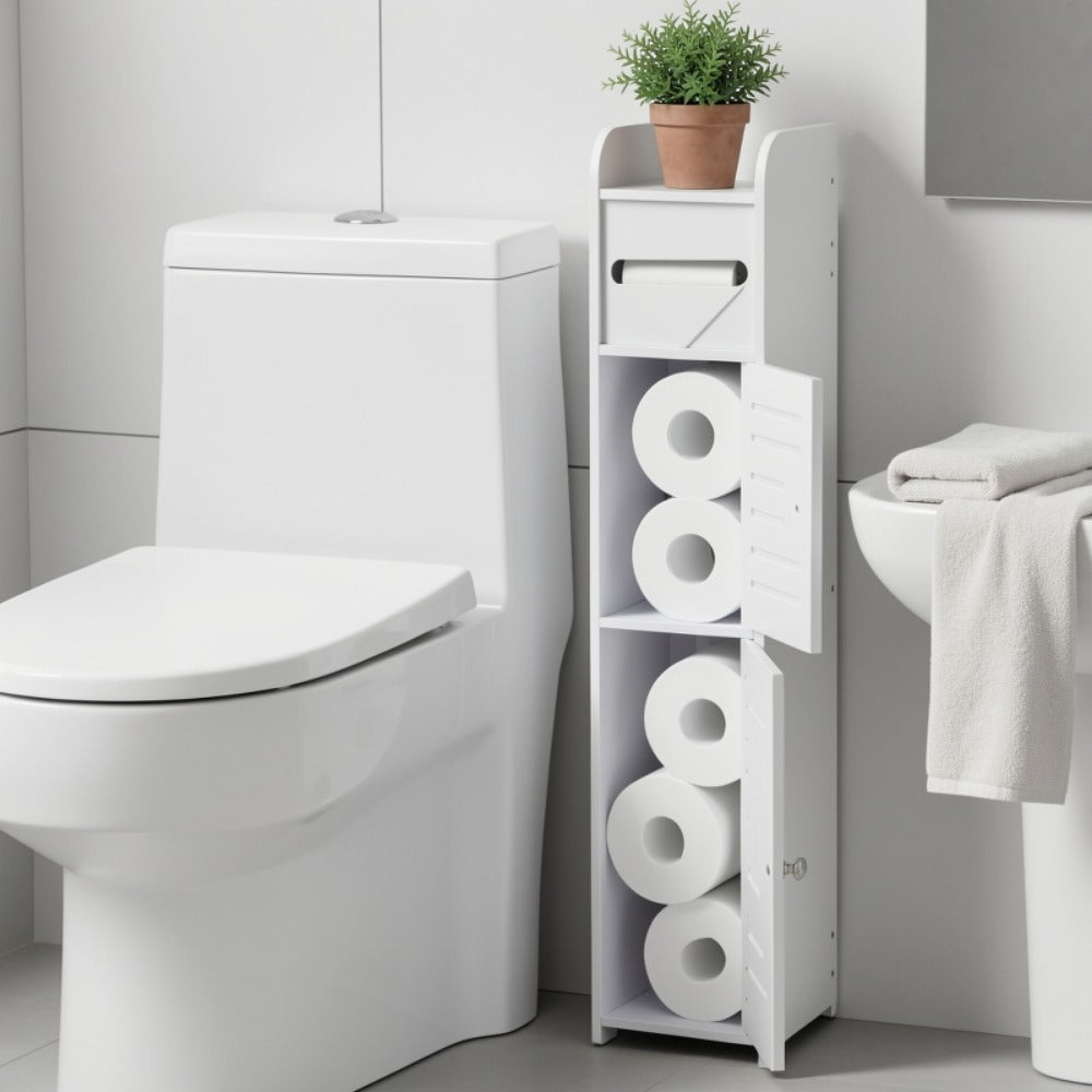 Slim White Bathroom Storage Cabinet with Two-Section PVC Frame, Open Top Shelf and Toilet Paper Storage