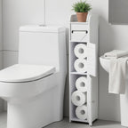 Slim White Bathroom Storage Cabinet with Two-Section PVC Frame, Open Top Shelf and Toilet Paper Storage