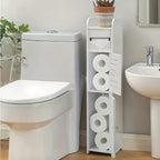Slim White Bathroom Storage Cabinet with Two-Section PVC Frame, Open Top Shelf and Toilet Paper Storage